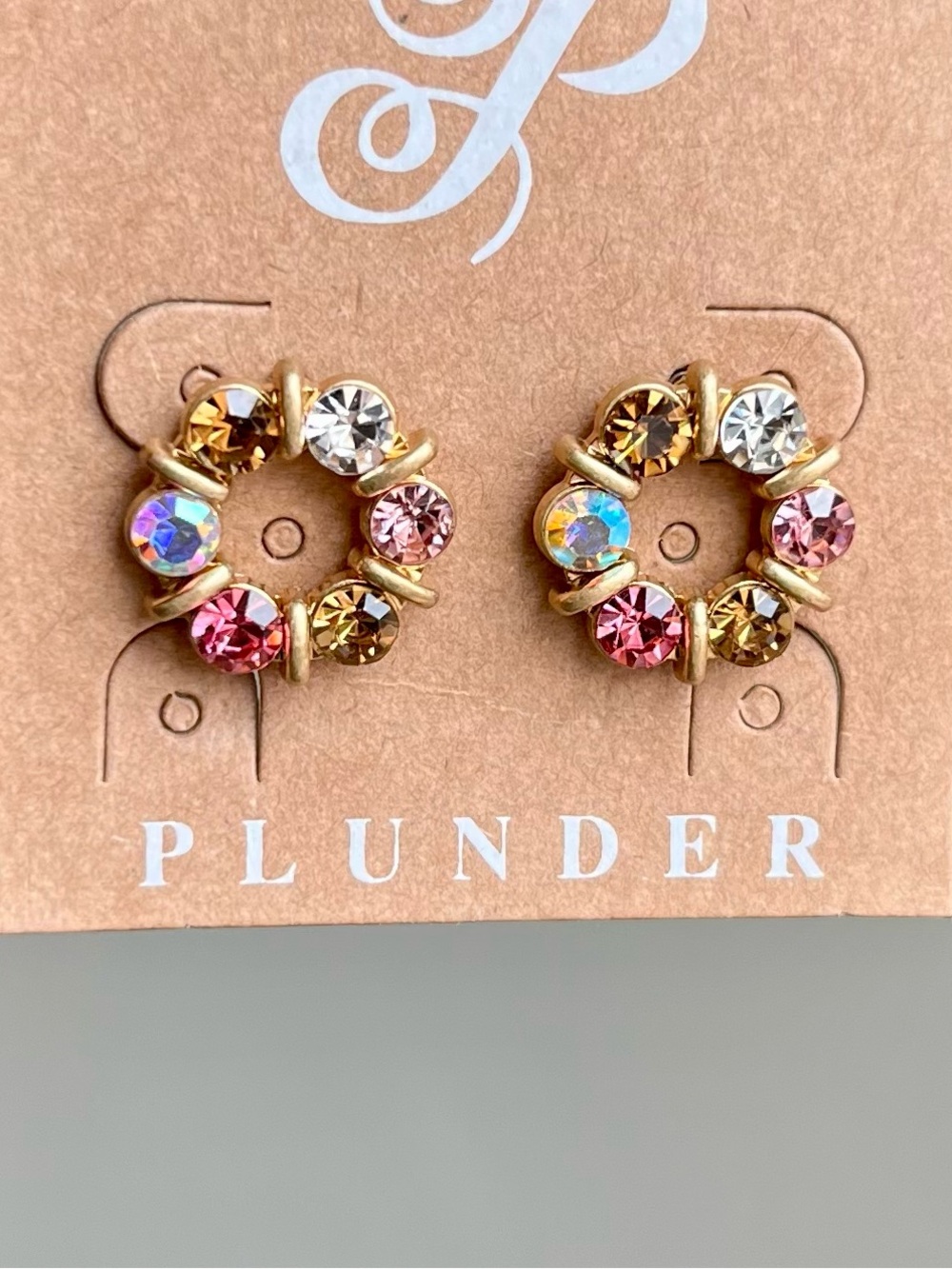 Plunder Gold-Tone Circle Stud Earrings with Pink, Amber & Iridescent Crystals